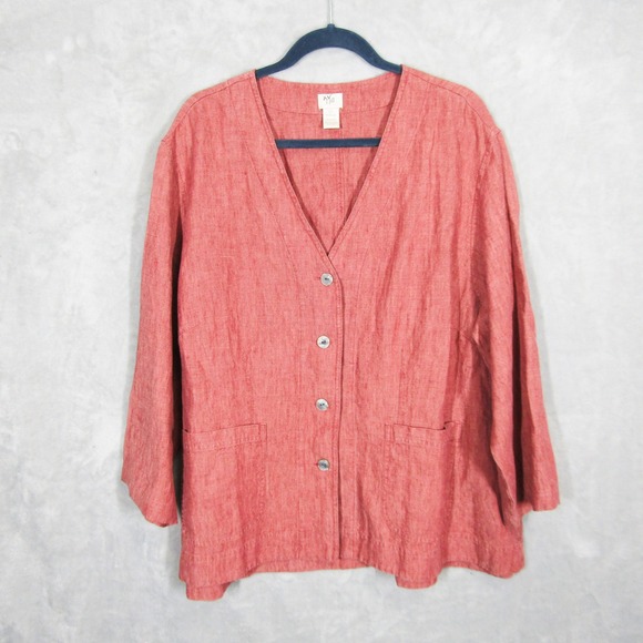 J Jill Womens 2X Linen Button Front Shirt Jacket Top Coral Pockets - Picture 1 of 8